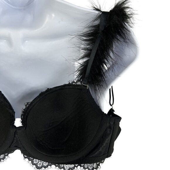Victorias Secret NWT Demi Bra 32D Black Faux Fur & Solid Straps Sexy Coquette - Picture 7 of 14
